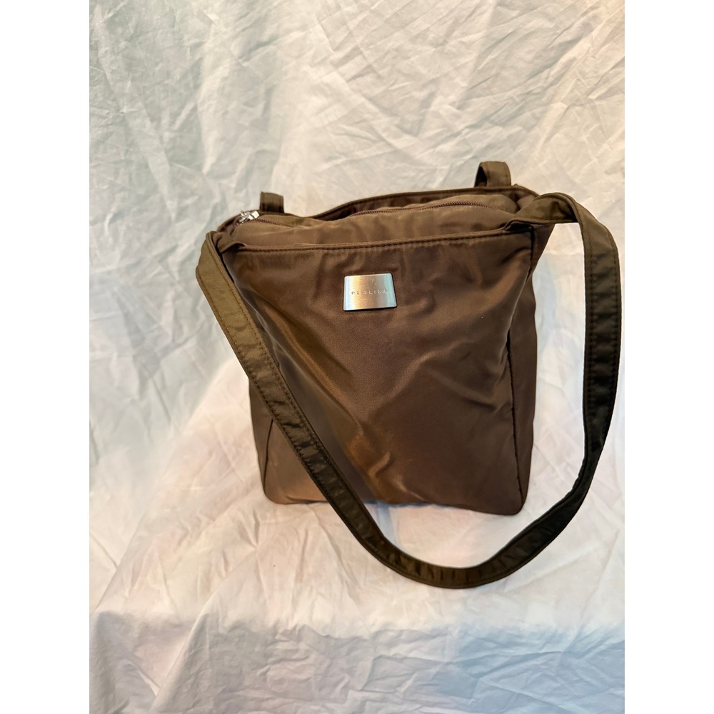 Perlina New York Brown Nylon Shoulder Bag Logo Padlock Zip Top‎ Minimalist